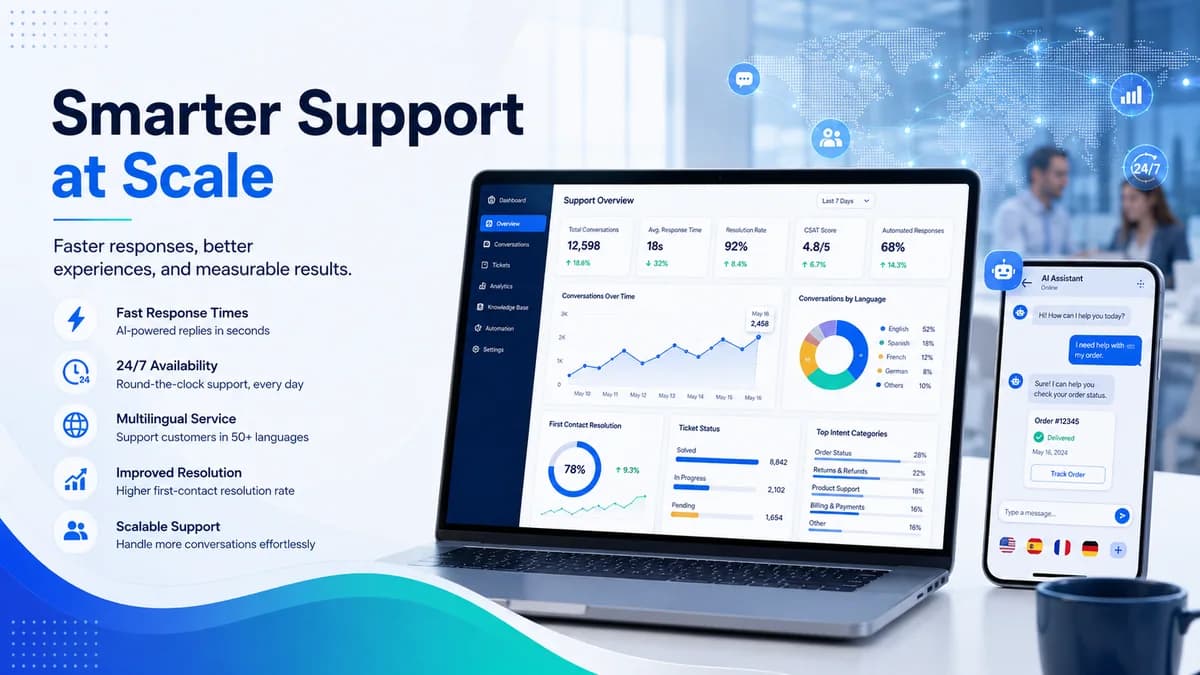 AI customer support analytics dashboard showing response time, resolution rate and multilingual service