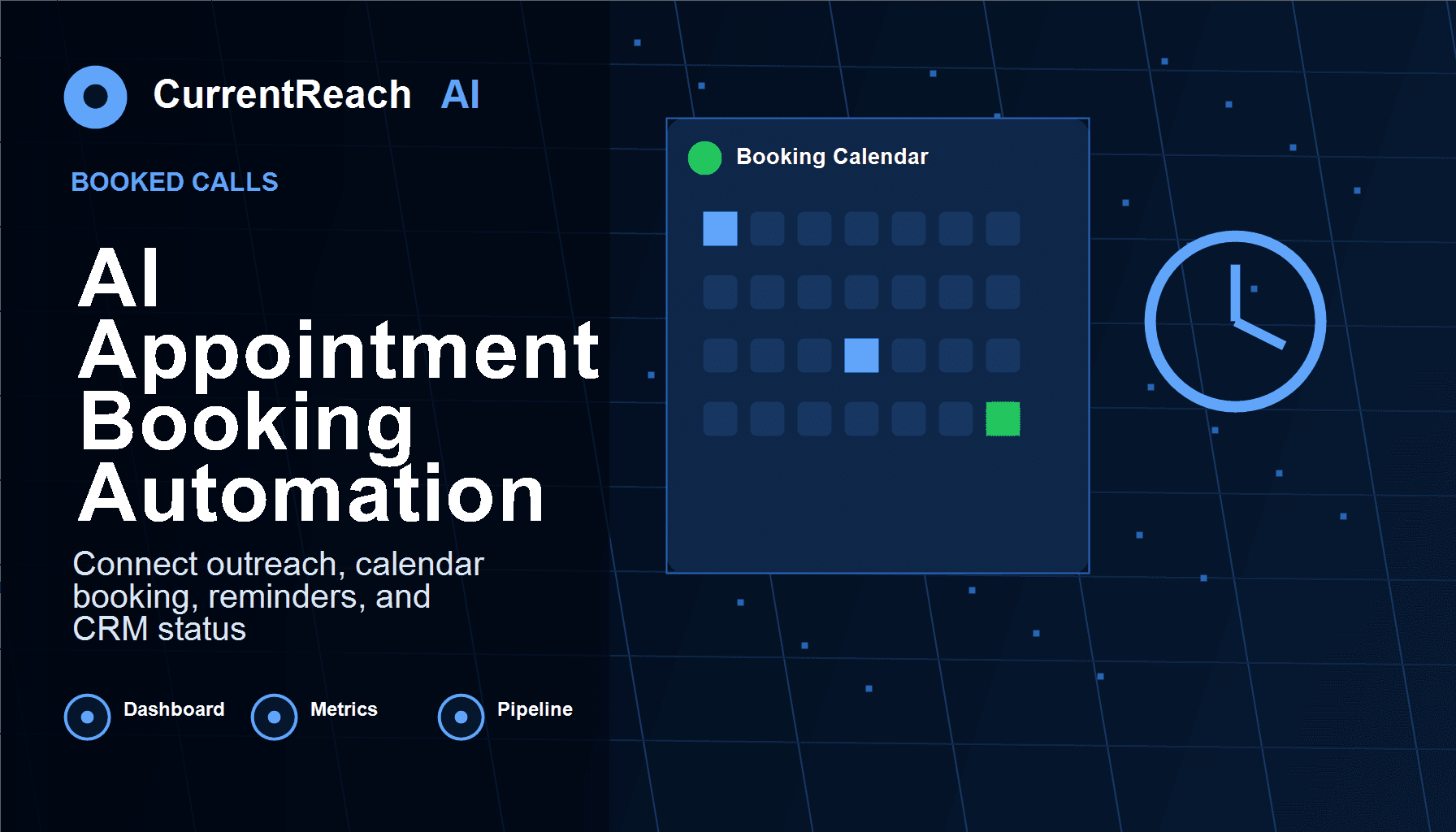 CurrentReach AI SEO blog image for AI Appointment Booking Automation: Connect Outreach, Calendar, CRM, and Reminders, covering AI appointment booking automation, calendar booking automation, booked call tracking, lead generation automation, CRM automation, and workflow automation - CRM analytics dashboard visual
