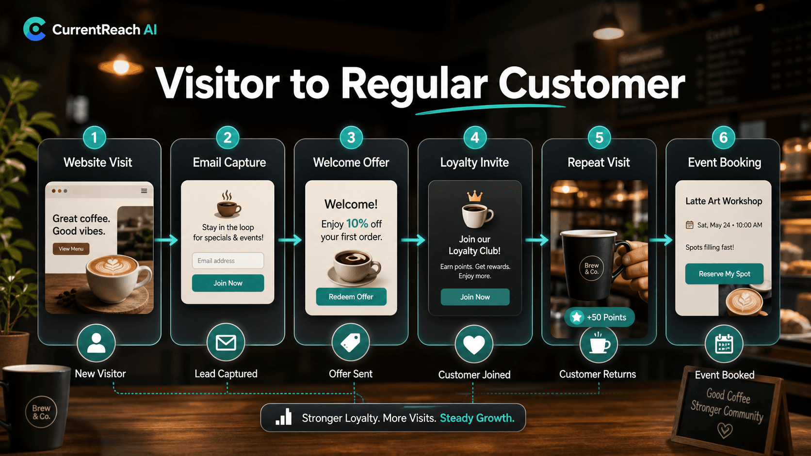 AI outreach platform blog cover for CurrentReach AI about AI Outreach Automation for Coffee Shops: How Local Cafes Can Turn Website Visitors Into Regular Customers, lead generation automation, CRM automation system, and workflow automation - workflow automation visual