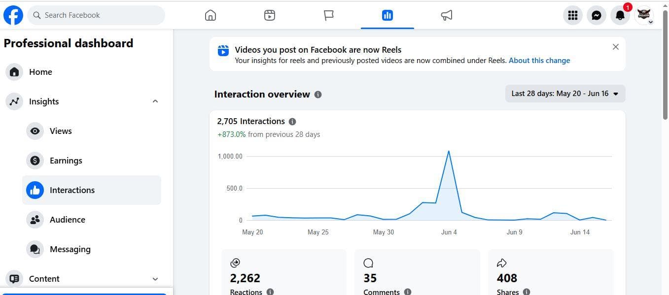 Shaheen Skies Facebook Interactions proof screenshot for Facebook analytics and SEO reporting