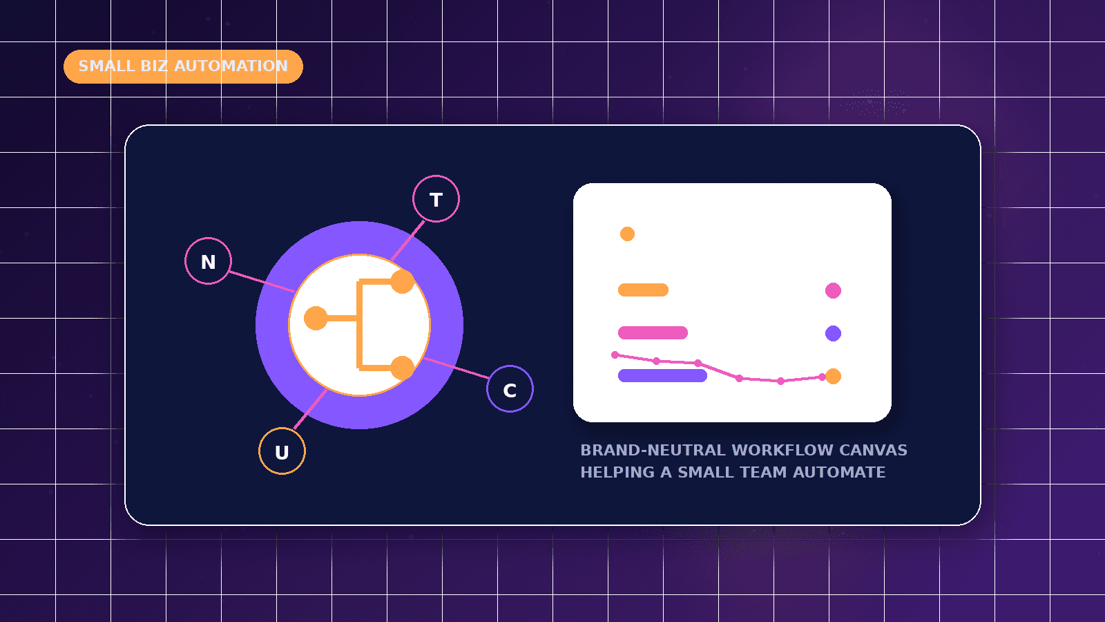 n8n Automation for Small Businesses featured illustration showing brand-neutral workflow canvas helping a small team automate repetitive tasks